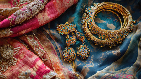 Top view of traditional Indian jewelry like bangles and earrings arranged on a rich fabric background, leaving room for festive textの素材