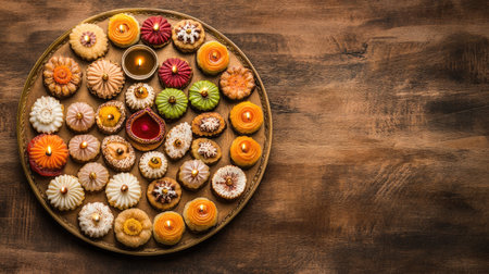 Top view of traditional Diwali sweets arranged in a circular pattern with diyas on the side, leaving space for festive textの素材