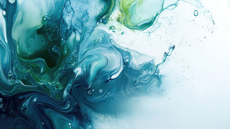 Flowing fluid art design in blues and greens with ample white space on the rightの素材