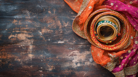 Top view of festive Indian bangles and a dupatta laid out on a rustic background, with space for cultural or wedding-related textの素材