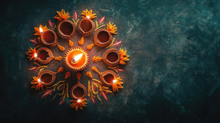 Top view of diya lamps lit around a floral rangoli pattern, symbolizing the light and joy of Diwali, with space for textの素材
