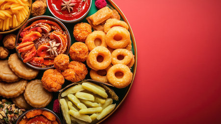 Top view of Indian sweets like jalebis and barfis arranged on a plate, with a festive background and copy space for messagesの素材