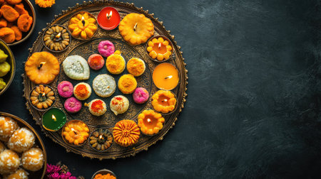 Top view of traditional Diwali sweets arranged in a circular pattern with diyas on the side, leaving space for festive textの素材