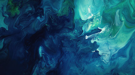 Flowing fluid art with deep blues and greens and a large space for copyの素材