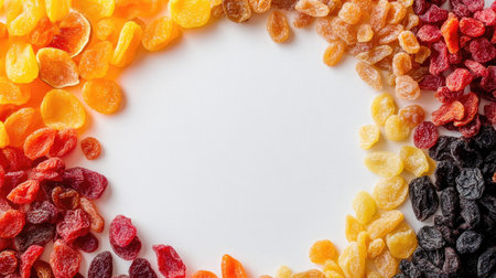 A colorful spread of dried fruits arranged in a circle with ample room for copy space in the center.の素材
