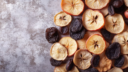 A mix of dried apple rings and prunes, top view, with space for copy around.の素材