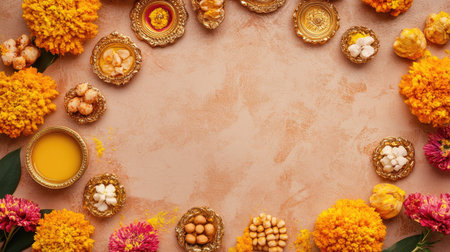 Top view of an Indian wedding invitation card placed on a decorated background with flowers and sweets, with space for textの素材