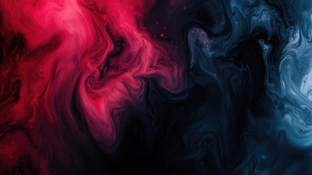 Dark abstract fluid art with bold, flowing colors and copy space on the rightの素材