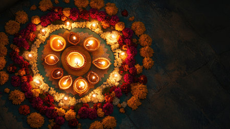 Top view of diya lamps lit around a floral rangoli pattern, symbolizing the light and joy of Diwali, with space for textの素材