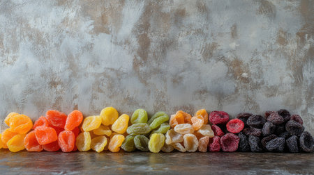 Assorted dried fruits in a row on a rustic table, with room for copy space on a neutral background.の素材