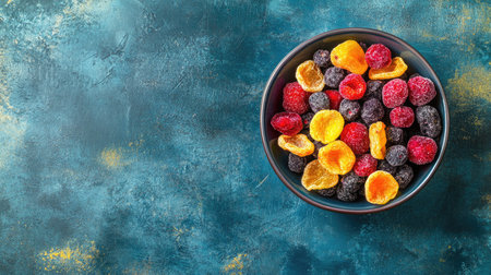 A bowl of dried mixed berries and tropical fruits, top view, with ample space for text.の素材
