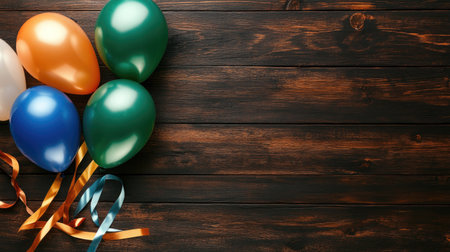 Top view of tricolor balloons and ribbons laid out on a wooden background, symbolizing Indian national pride with space for textの素材