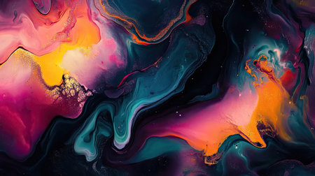 Dark abstract fluid art with bold, flowing colors and copy space on the rightの素材