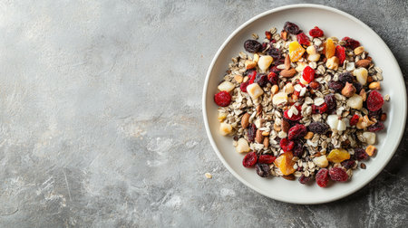 A mix of dried fruits and seeds on a white plate, leaving ample space for text on a neutral background.の素材