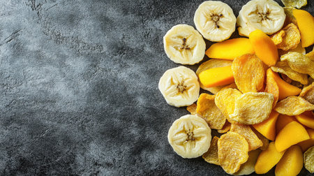 A mix of dried apple, mango, and banana chips, top view, with ample space for text.の素材