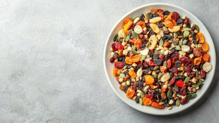 A mix of dried fruits and seeds on a white plate, leaving ample space for text on a neutral background.の素材