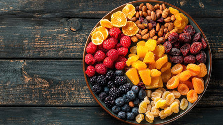 Assorted dried fruit and nut platter, top view, with room for copy space on a wooden surface.の素材