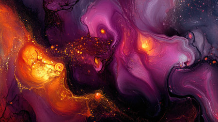Energetic abstract fluid art with intense colors and a spacious area for textの素材