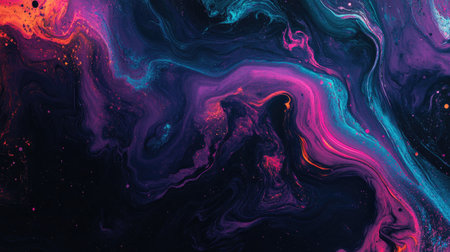 Dark abstract fluid art with bold, flowing colors and copy space on the rightの素材