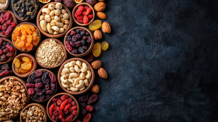 Assortment of dried fruits and nuts in sections, top view, with ample space for text.の素材