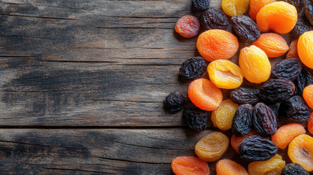 A mix of dried apricots, prunes, and figs spread out on a wooden surface, with plenty of copy space.の素材