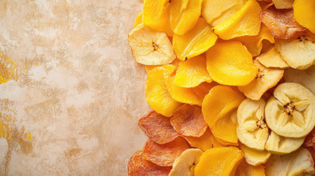 A mix of dried apple, mango, and banana chips, top view, with ample space for text.の素材