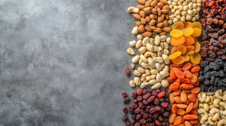 Assortment of dried fruits and nuts in sections, top view, with ample space for text.の素材