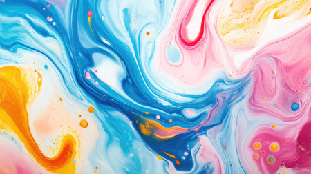 Vibrant abstract fluid art with swirling colors and ample copy space on a light backgroundの素材