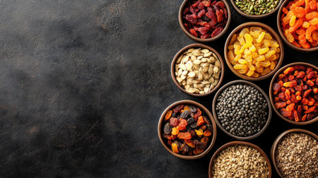 A variety of dried fruits and seeds in small bowls, top view, with space for text around.の素材