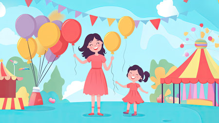 Cartoon mom and child holding balloons at a carnival, with space for text on a fun backdrop.の素材