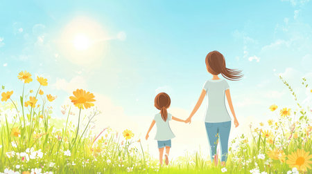 Cartoon mom and child holding hands in a meadow, with plenty of space for text on a sunny background.の素材
