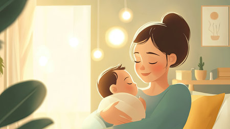 Cartoon mom cuddling her baby in a cozy room, leaving plenty of room for copy space.の素材