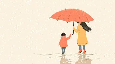 Cartoon mother and child walking under an umbrella on a rainy day, with room for copy space.の素材