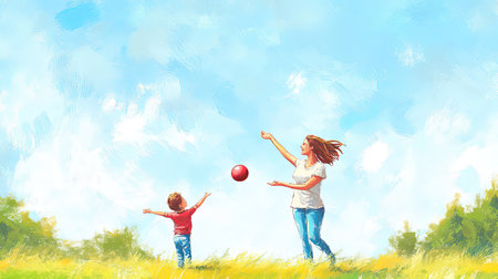 Cartoon mother and child playing catch in the yard, with ample copy space on a blue sky backdrop.の素材