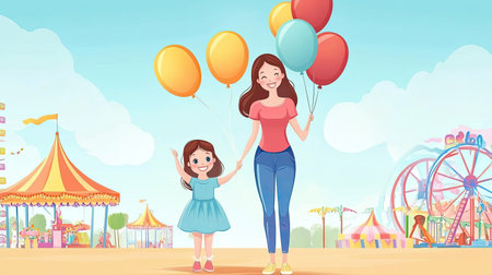 Cartoon mom and child holding balloons at a carnival, with space for text on a fun backdrop.の素材