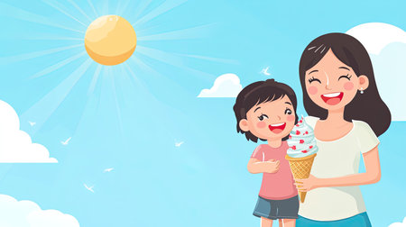 Cartoon mom and child enjoying an ice cream cone on a sunny day, with ample copy space.の素材