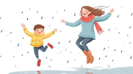 Cartoon mother and child jumping in puddles, with space for text on a blank background.の素材