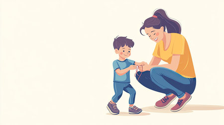 Cartoon mother tying her child's shoelaces, with space for text on a simple backdrop.の素材