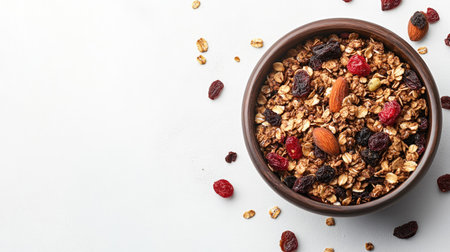 Dried fruits and granola in a bowl, with plenty of room for text on a simple white background.の素材