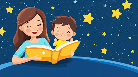Cartoon mom and child sharing a bedtime story, with space for text on a starry night backdrop.の素材