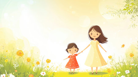 Cartoon mom and child holding hands in a meadow, with plenty of space for text on a sunny background.の素材