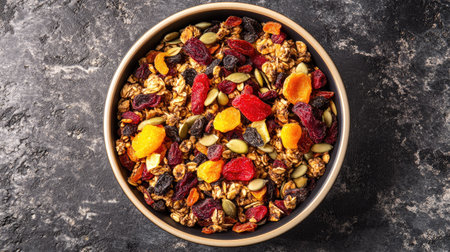 Top view of dried fruit and seed mix in a bowl, with space for copy around.の素材