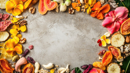 Top view of colorful dried tropical fruits and nuts, with ample space for copy.の素材