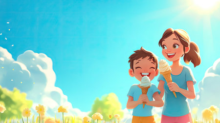 Cartoon mom and child enjoying an ice cream cone on a sunny day, with ample copy space.の素材