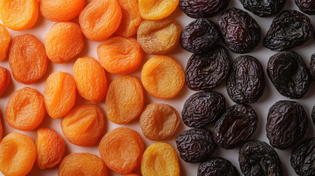 Dried apricots and prunes arranged in a pattern, with ample space for text on a blank backdrop.の素材