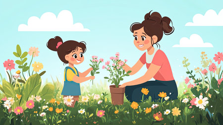 Cartoon mother and child planting flowers in a garden, with plenty of room for copy space.の素材