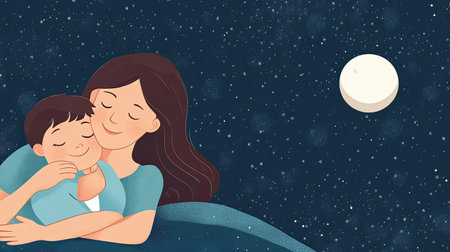 Cartoon mom hugging her child at bedtime, with space for text on a night sky backdrop.の素材