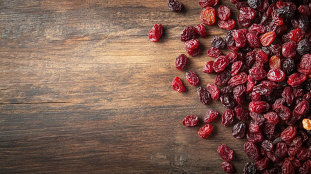 Top view of dried cranberries and raisins on a wooden surface, with roomの素材