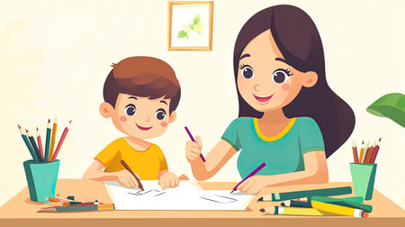 Cartoon mother and child drawing together at a table, with room for copy space on a blank background.の素材
