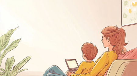 Cartoon mother and child watching TV together on a couch, with ample space for copy.の素材